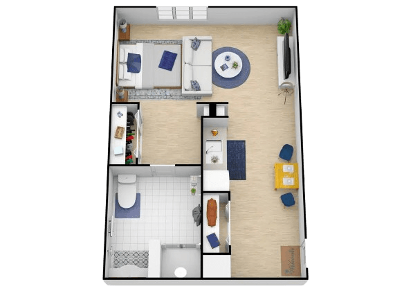 Spacious, bright studio apartment with modern furnishings promoting comfort and ease of living.