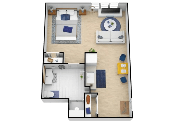 Bright and inviting studio layout with open living space, dining area, and comfortable bedroom.