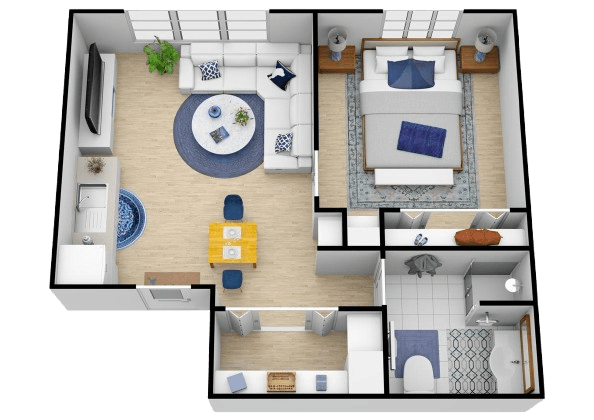 Bright, inviting one-bedroom apartment layout with a spacious living area and functional kitchen.