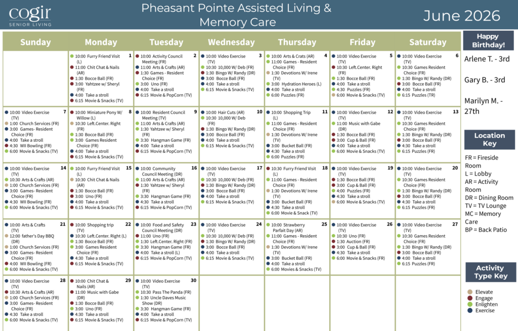 Monthly calendar of engaging activities and social events designed for community and well-being.