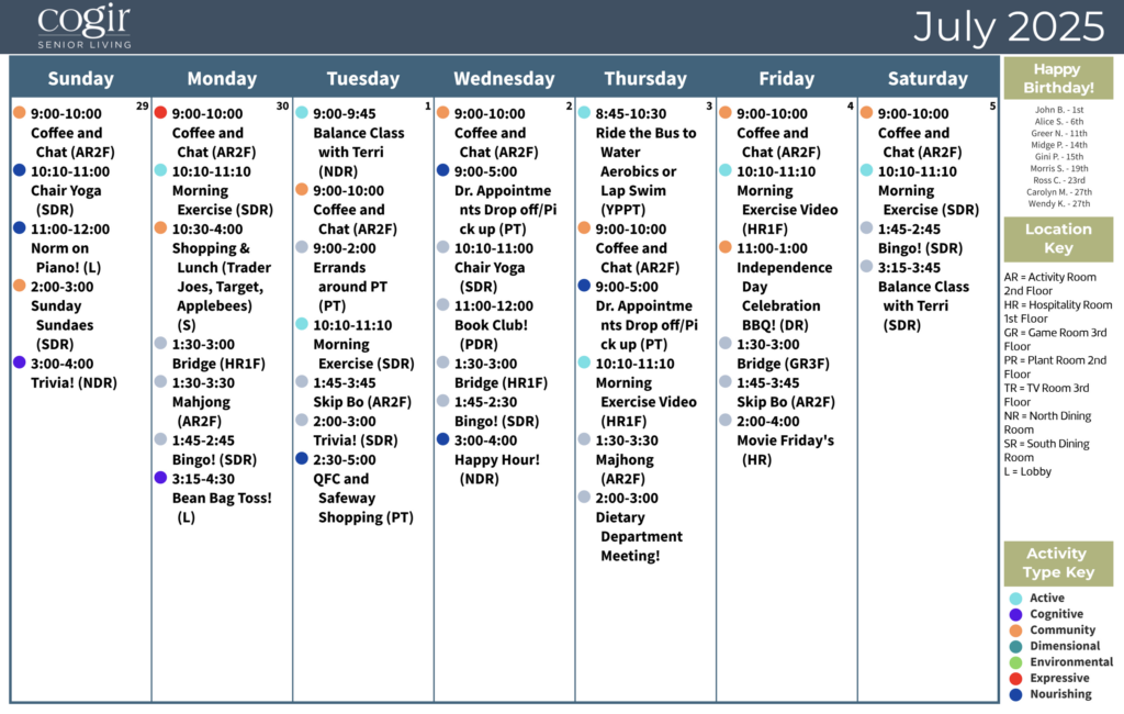 Weekly activity calendar showcasing diverse social, exercise, and wellness events for seniors.
