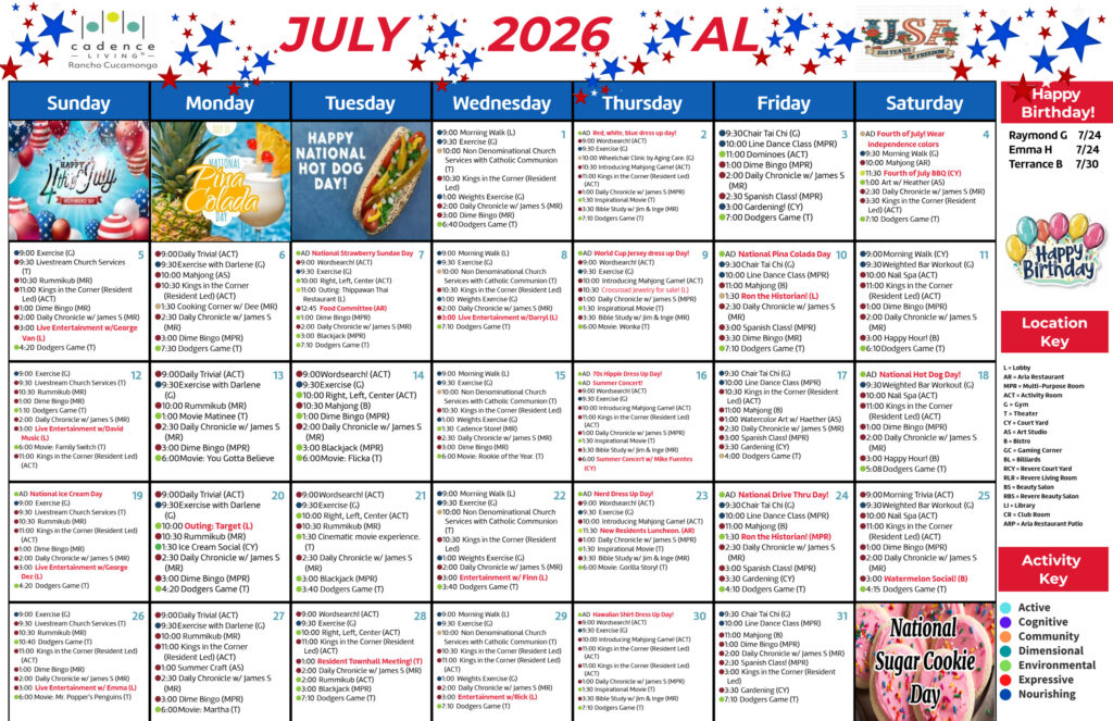 Monthly activity calendar showcasing engaging events and social opportunities for residents.