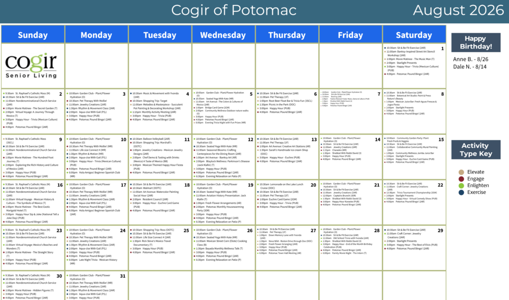 Monthly activity calendar showcasing diverse events promoting engagement and wellness for residents.