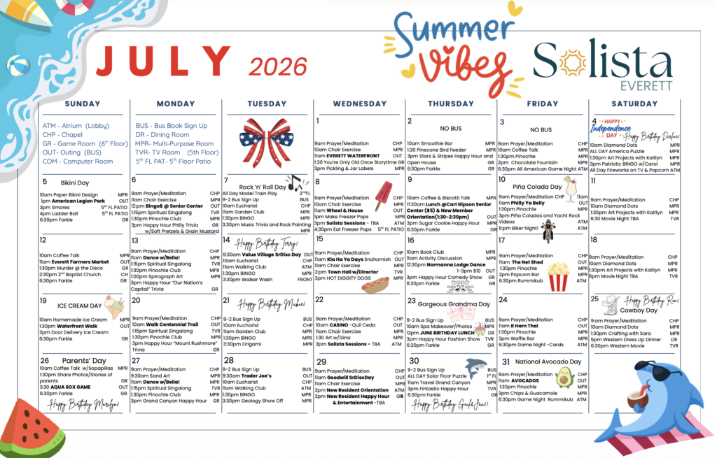 July 2026 calendar filled with engaging social, wellness, and creative activities for community residents.