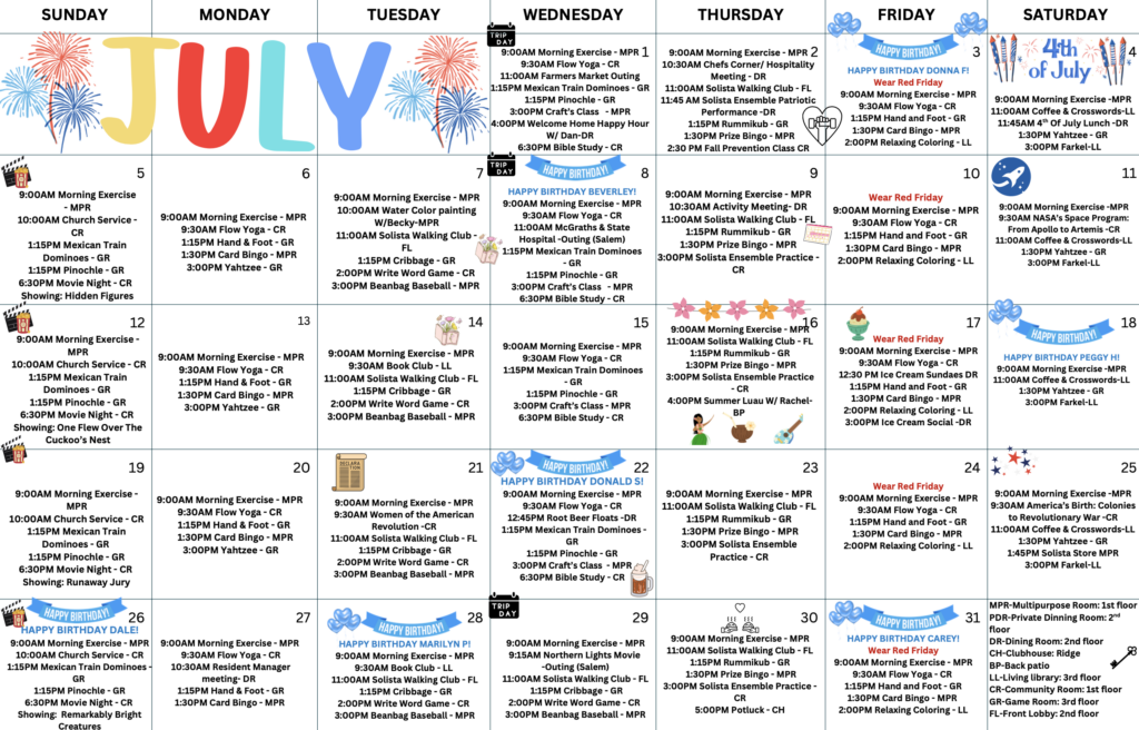 Bright and inviting activity calendar showcasing events that foster connection and well-being.