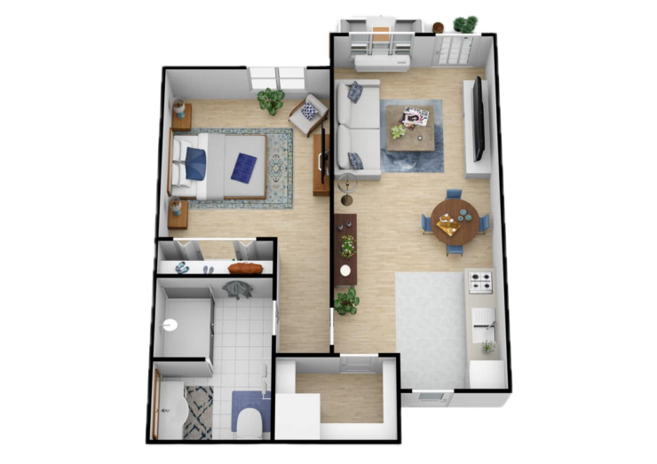 One-bedroom apartment layout with open living space, dining area, and comfortable bedroom.