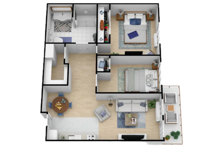 Two-bedroom retirement apartment with open living, dining, and cozy seating areas.