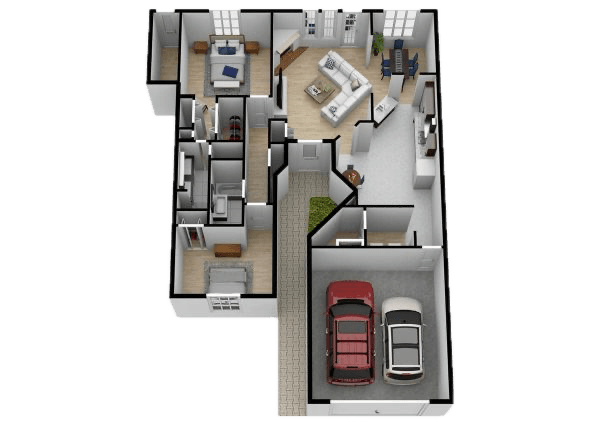Open two-bedroom apartment floor plan with spacious living areas, dining, and attached garage.