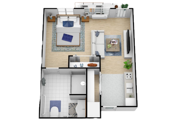 Open studio layout with bedroom, living area, kitchen, and accessible bathroom offering comfortable living.