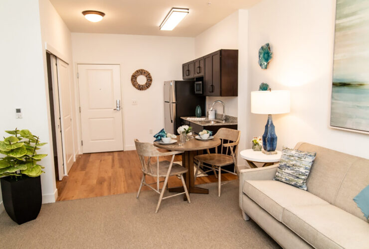Bright, inviting living area with dining space, modern kitchenette, and comfortable seating.