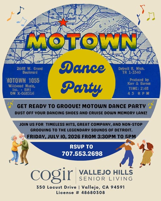 💃🕺 Join us as we celebrate the unforgettable hits that defined a generation with great music, great company, and plenty of dancing. Whether you’re a lifelong Motown fan or simply looking for a fun afternoon, we’d love to have you join us! Bring a friend, see our wonderful community, and experience the joy of life at Cogir of Vallejo Hills! 📅 Friday, July 10 🕞 3:30 PM – 5:00 PM 📍 350 Locust Drive 📞 RSVP: 707-553-2698 🎤 Ain’t no party like a Motown party! We can’t wait to groove with you! #MotownDanceParty #SeniorLivingEvents #VallejoHills #SeniorLiving #CogirSeniorLiving #LiveLifeWell #VallejoCA #MusicBringsUsTogether #CommunityConnections #DancingThroughLife #OpenHouse #SeniorActivities #GoodVibesOnly