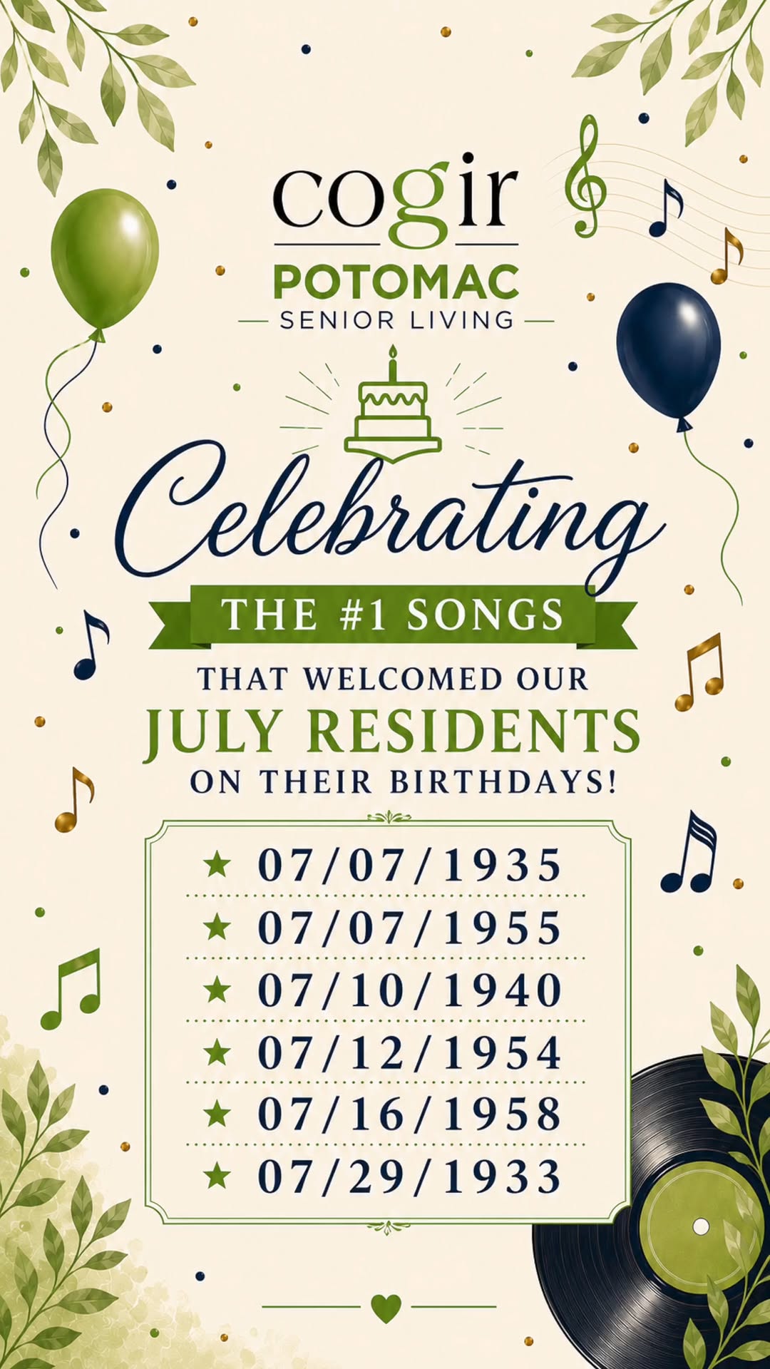🎂 Celebrating the #1 songs that welcomed our July residents on their birthdays! 🎵 Have a listen on our playlist. How many songs do you know? 🎈 🎵
