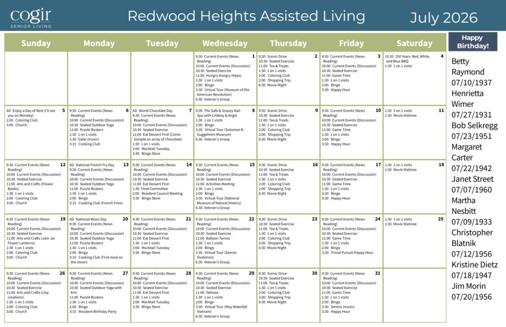 Monthly activity calendar for Redwood Heights Assisted Living, promoting engagement and community.