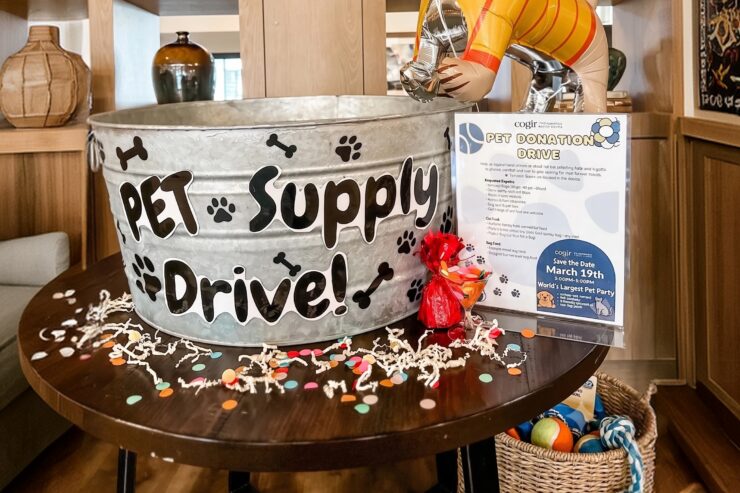 Donation drive set up in welcoming common area, encouraging community support for pets.