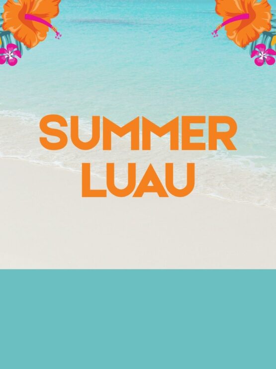 Bright, inviting beach scene with tropical flowers framing a welcoming summer luau event.