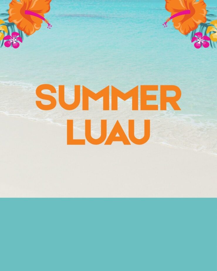 Bright, inviting beach scene with tropical flowers framing a welcoming summer luau event.