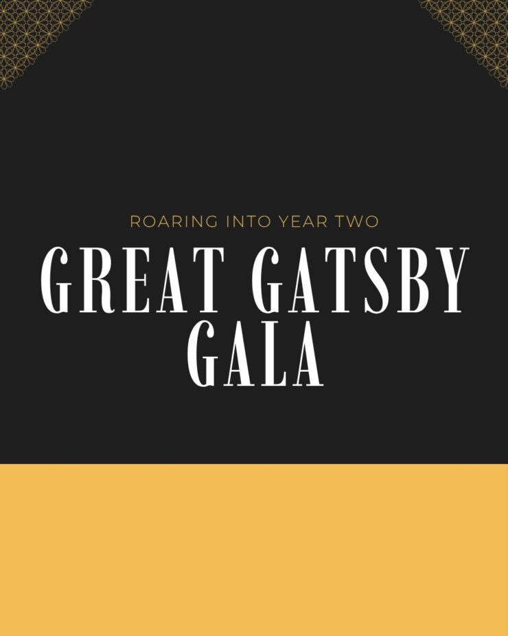 Elegant event announcement with art deco accents promoting a community Great Gatsby Gala.