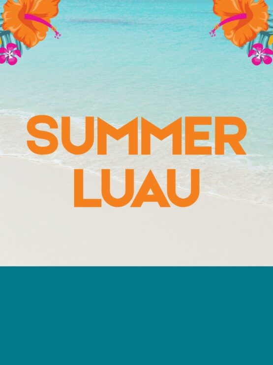 Bright and inviting beach scene with tropical flowers, promoting a joyful summer luau event.