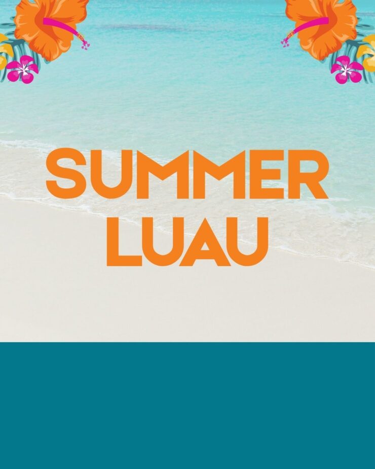 Bright and inviting beach scene with tropical flowers, promoting a joyful summer luau event.