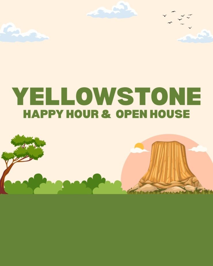 Inviting outdoor setting with greenery and sunset promoting a friendly Yellowstone event.