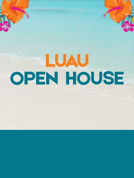 Tropical-themed invitation with vibrant flowers and serene beach background.