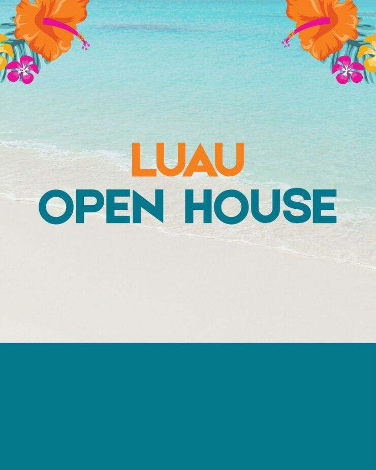 Tropical-themed invitation with vibrant flowers and serene beach background.