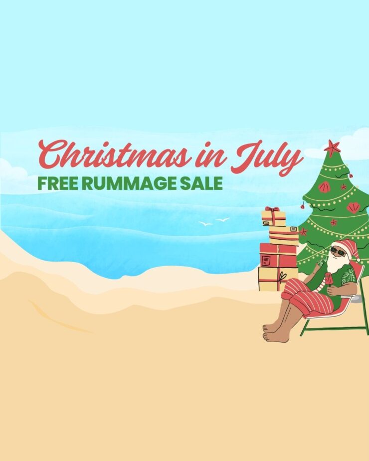A festive beach scene with a relaxed Santa enjoying summer by a decorated tree.