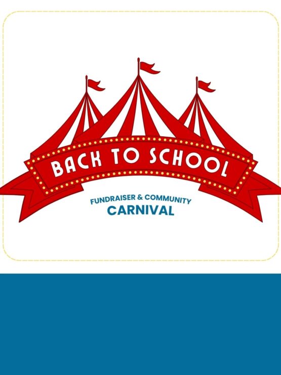 Red and white circus tents with a banner reading Back to School Fundraiser & Community Carnival.