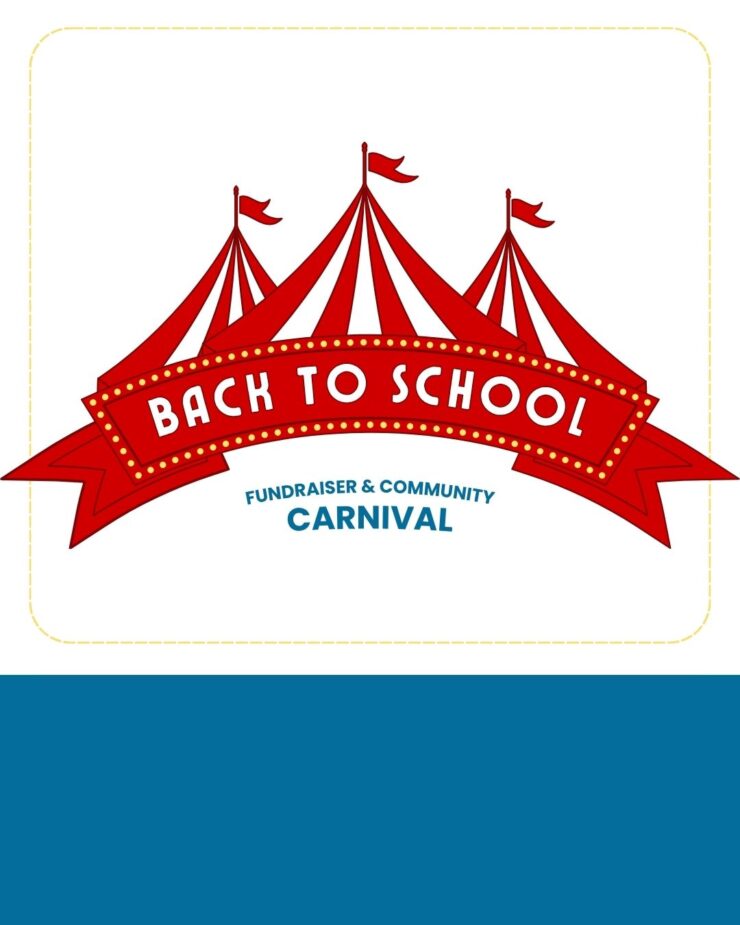 Red and white circus tents with a banner reading Back to School Fundraiser & Community Carnival.