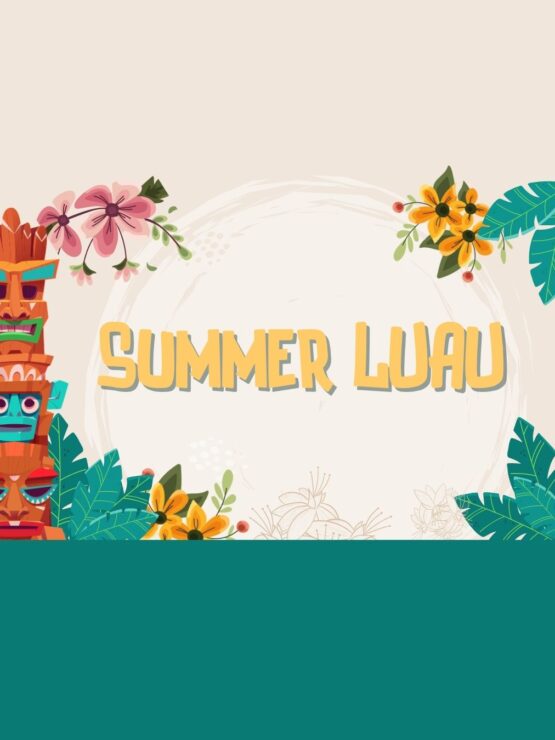 Tropical summer luau invitation with colorful tiki masks and bright floral decorations.