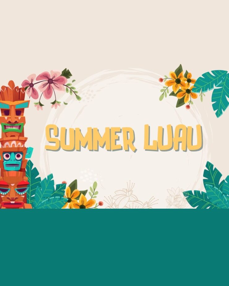 Tropical summer luau invitation with colorful tiki masks and bright floral decorations.