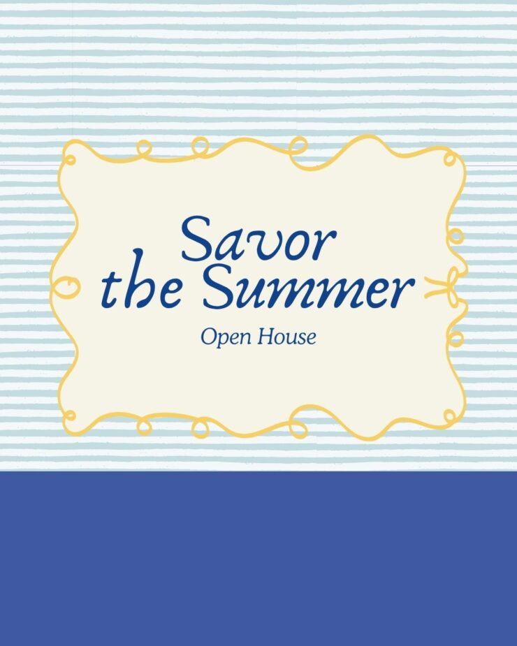 Invitation graphic with soft blue stripes and a warm message to enjoy a summer open house event.