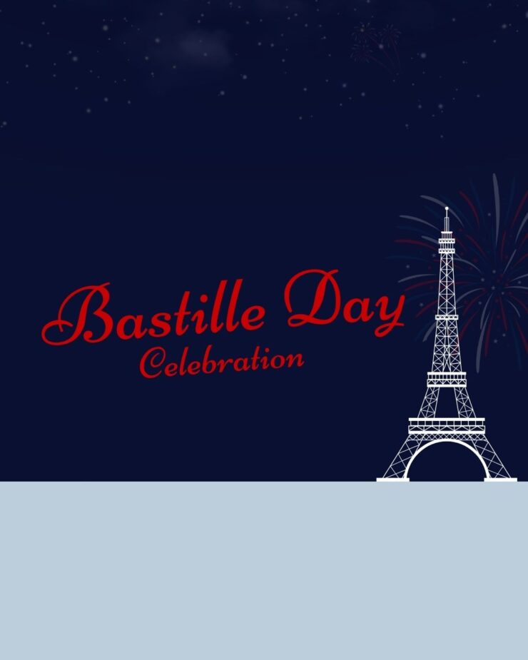 Night sky with fireworks behind the Eiffel Tower, celebrating Bastille Day together.