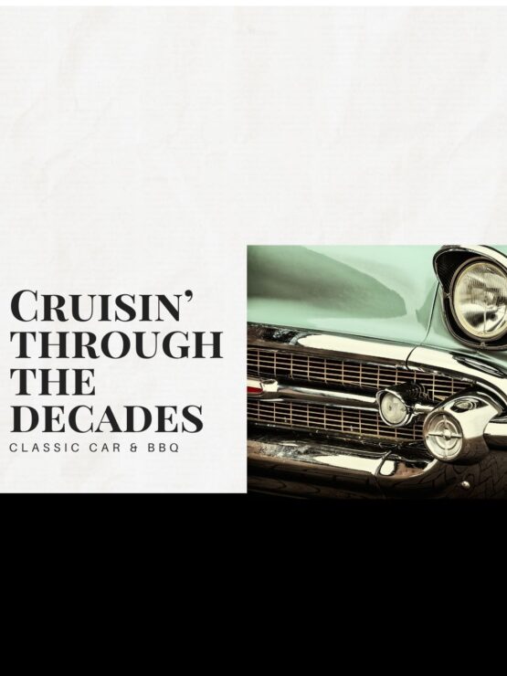 Classic car front next to text inviting residents to a nostalgic BBQ and community event.