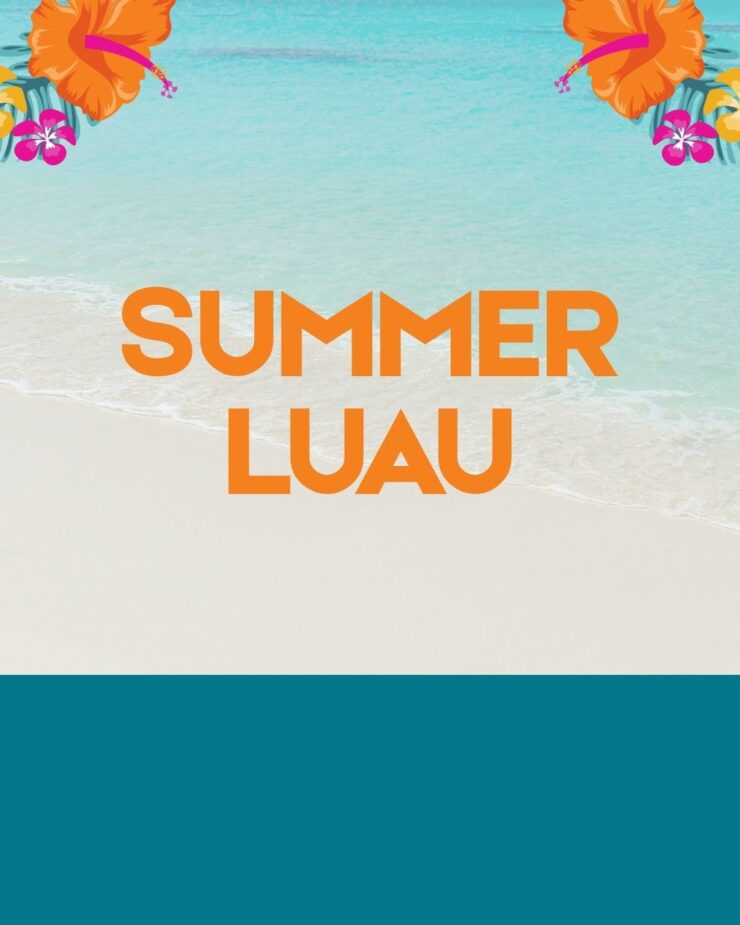 Bright summer beach background with vibrant tropical flowers and Summer Luau text.