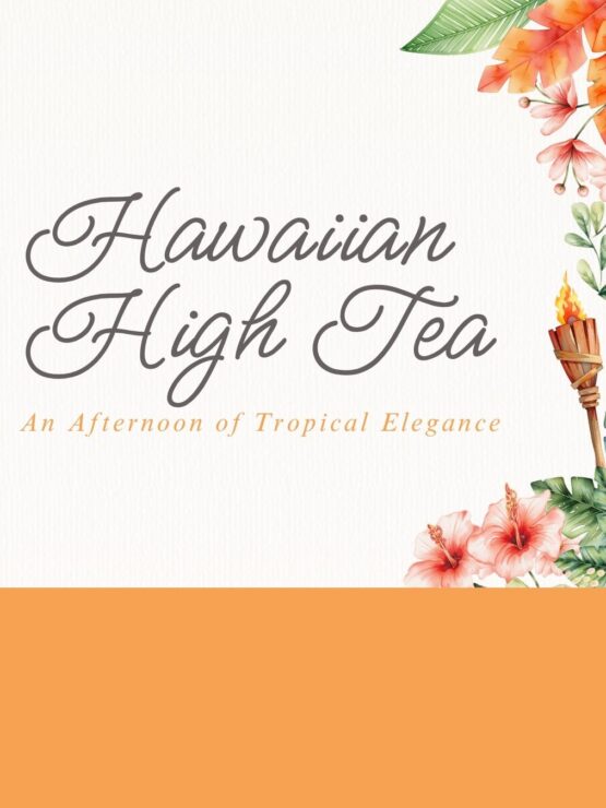 Invitation card for a Hawaiian-themed high tea event with tropical floral and tiki torch accents.