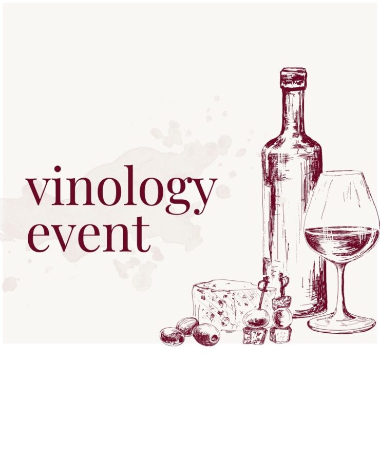 Elegant sketch of a wine bottle, glass, cheese, and olives highlighting a social tasting event.