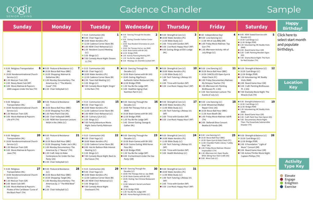 Monthly activity calendar showcasing diverse events fostering engagement and connection among residents.
