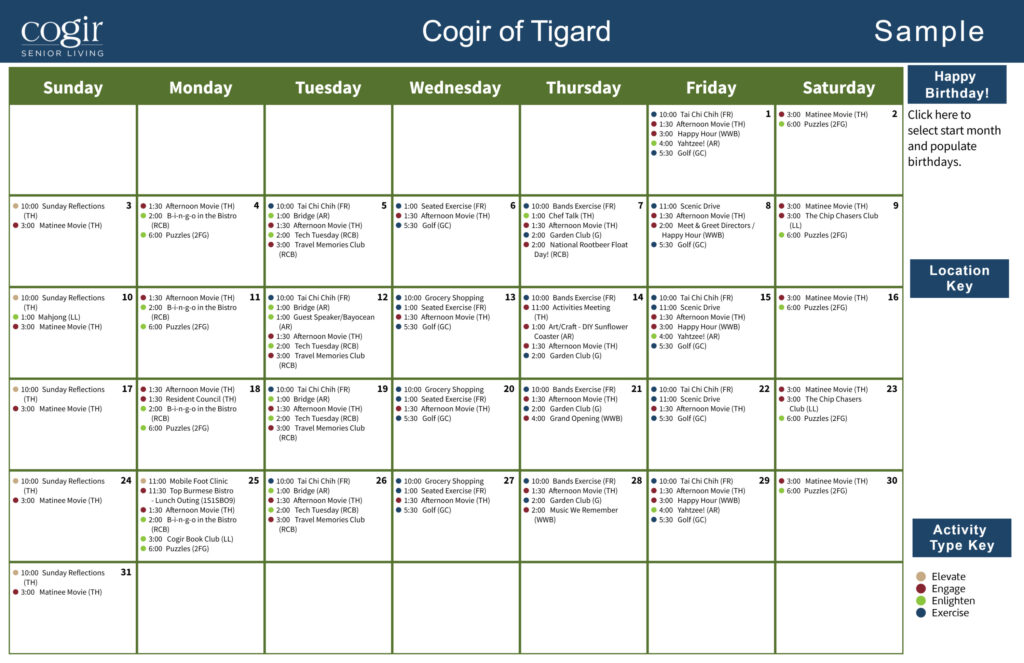 Weekly activity calendar showcasing diverse social, exercise, and enrichment events for residents.