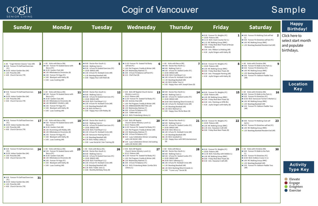 Monthly activity calendar showcasing varied fitness, social, and recreational events for seniors.
