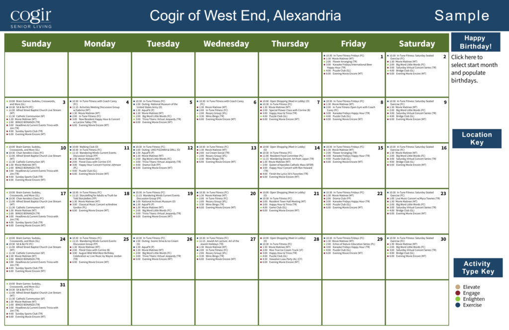 Monthly activity calendar showcasing diverse events and social opportunities for residents at Cogir of West End.