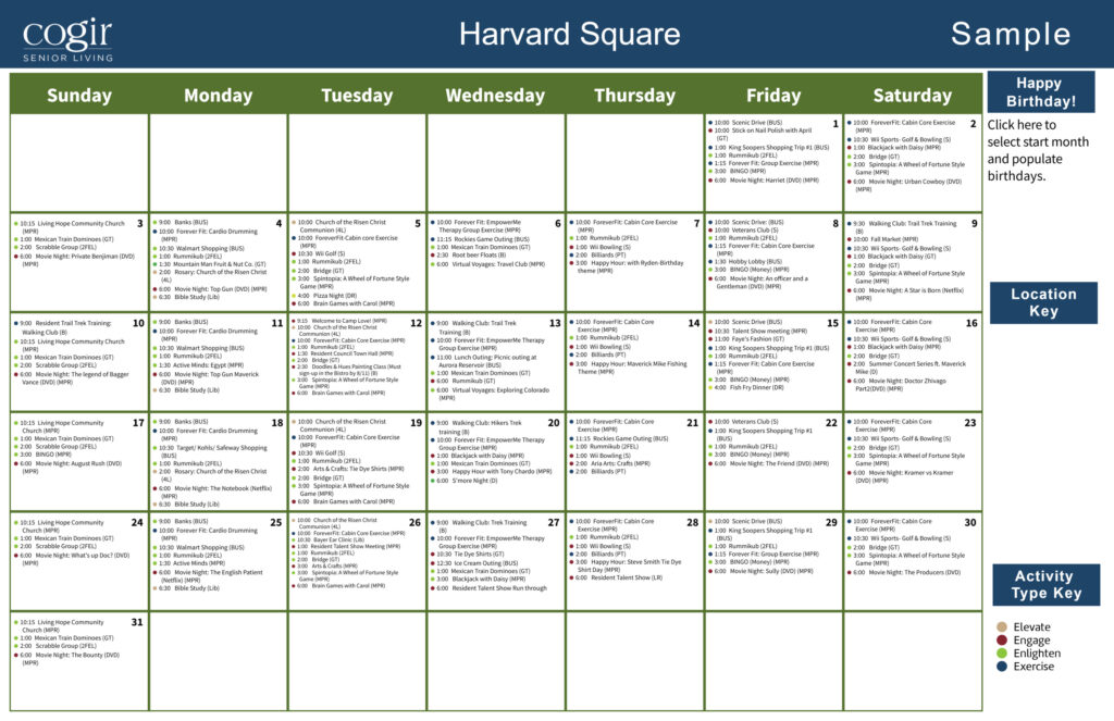 Senior living activity calendar showing diverse events promoting engagement and wellness.
