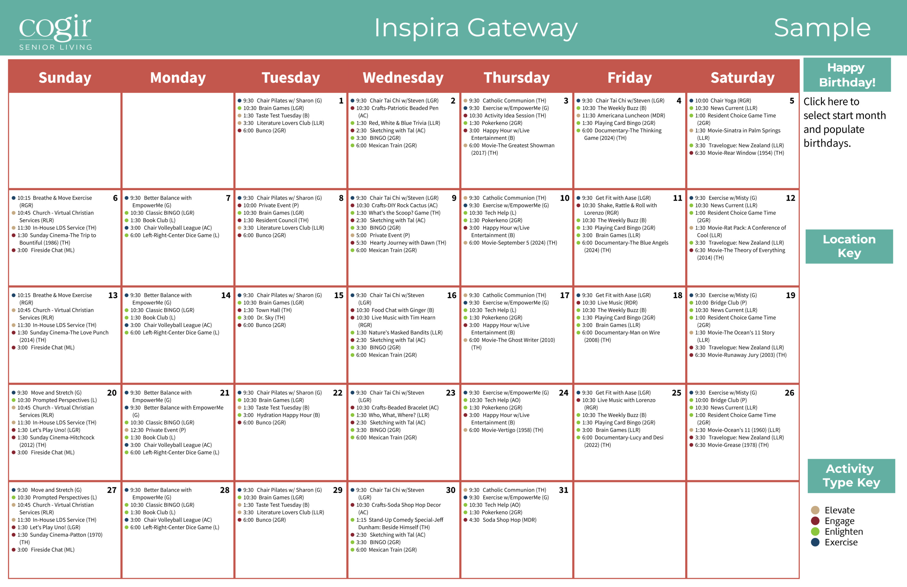 Monthly activity calendar showcasing diverse events fostering connection and well-being in senior living.