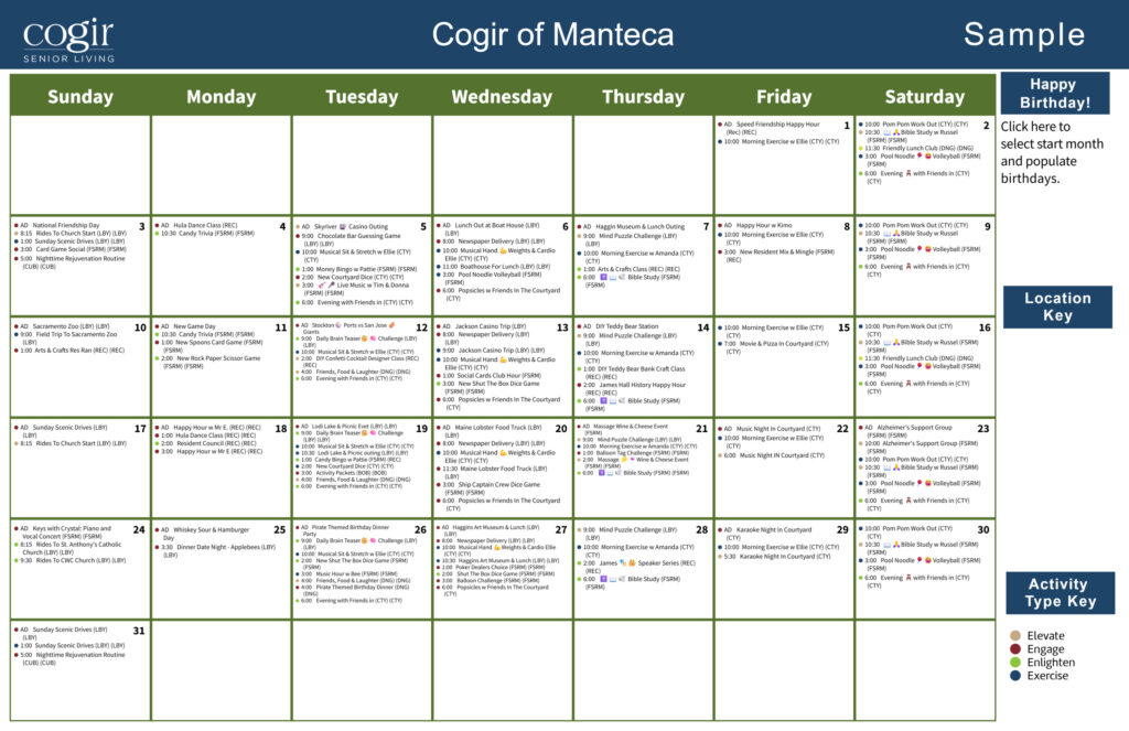 Weekly calendar of engaging activities and social events at a vibrant senior living community.
