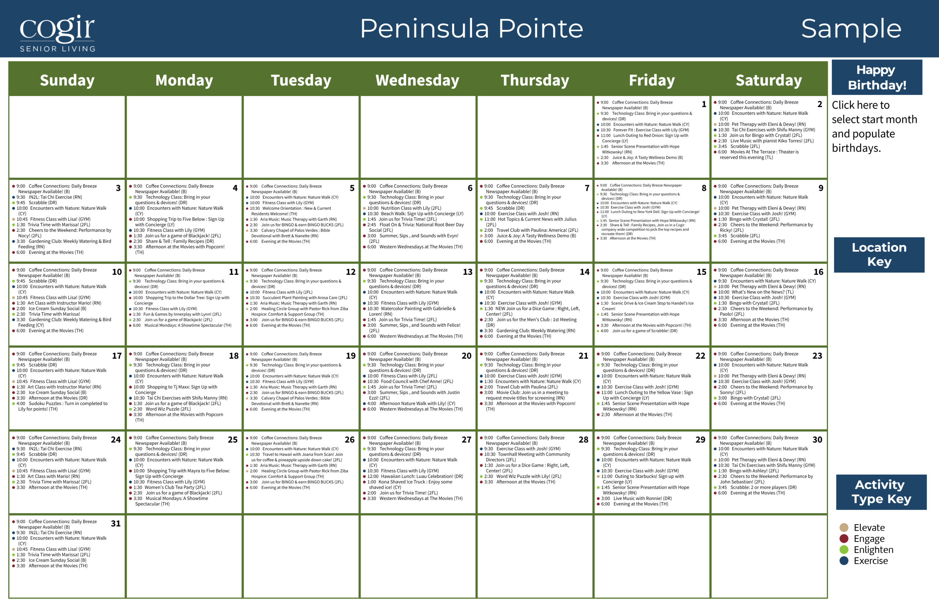 Monthly activity calendar featuring diverse social, wellness, and educational events for seniors.