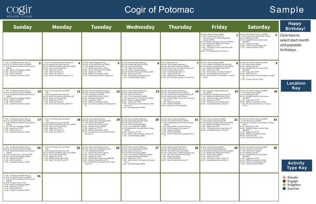 Monthly activity calendar showcasing diverse social, fitness, and educational events for resident engagement.