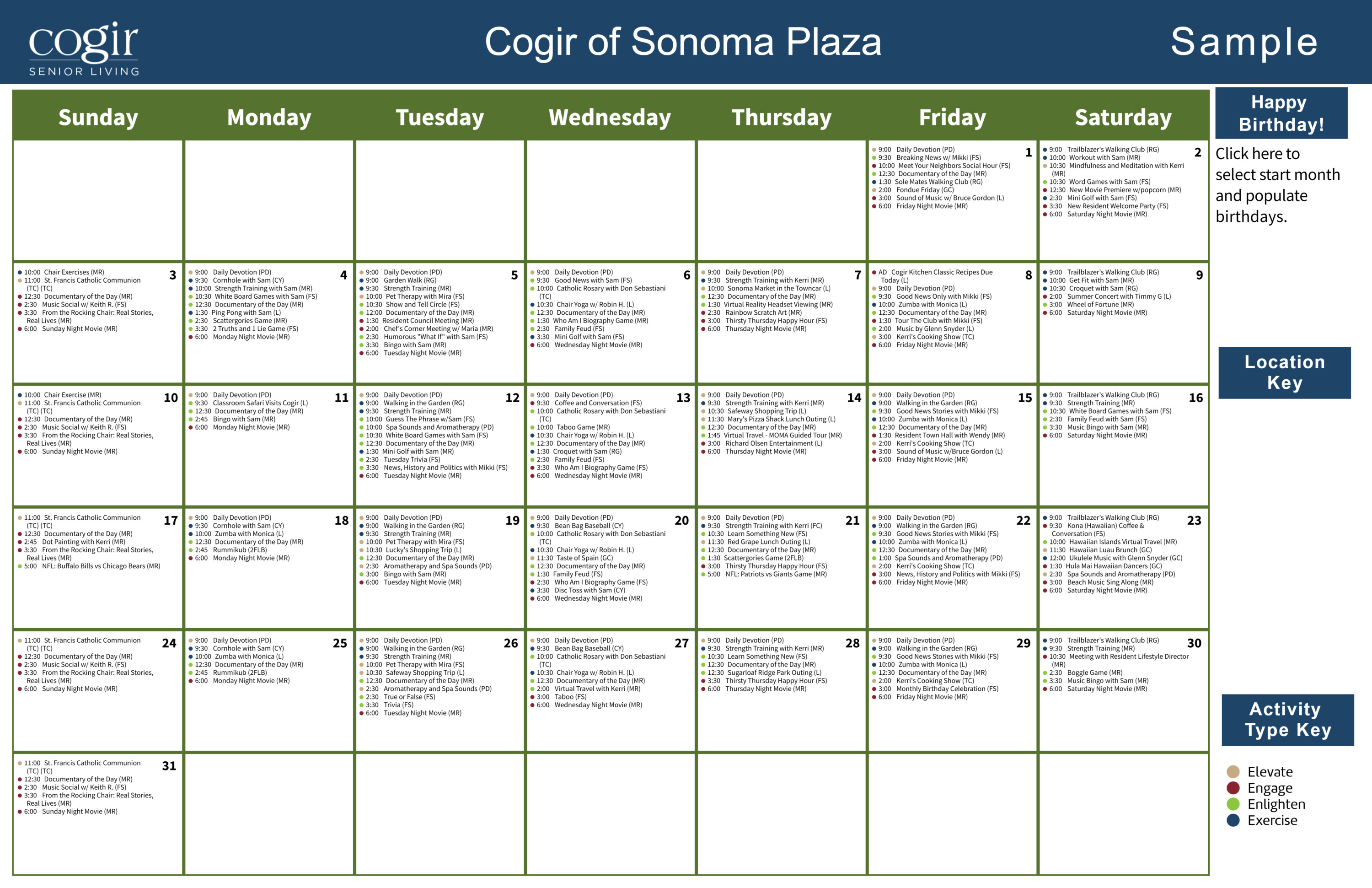 Monthly activity calendar showcasing diverse social, fitness, and educational events for active senior living community.