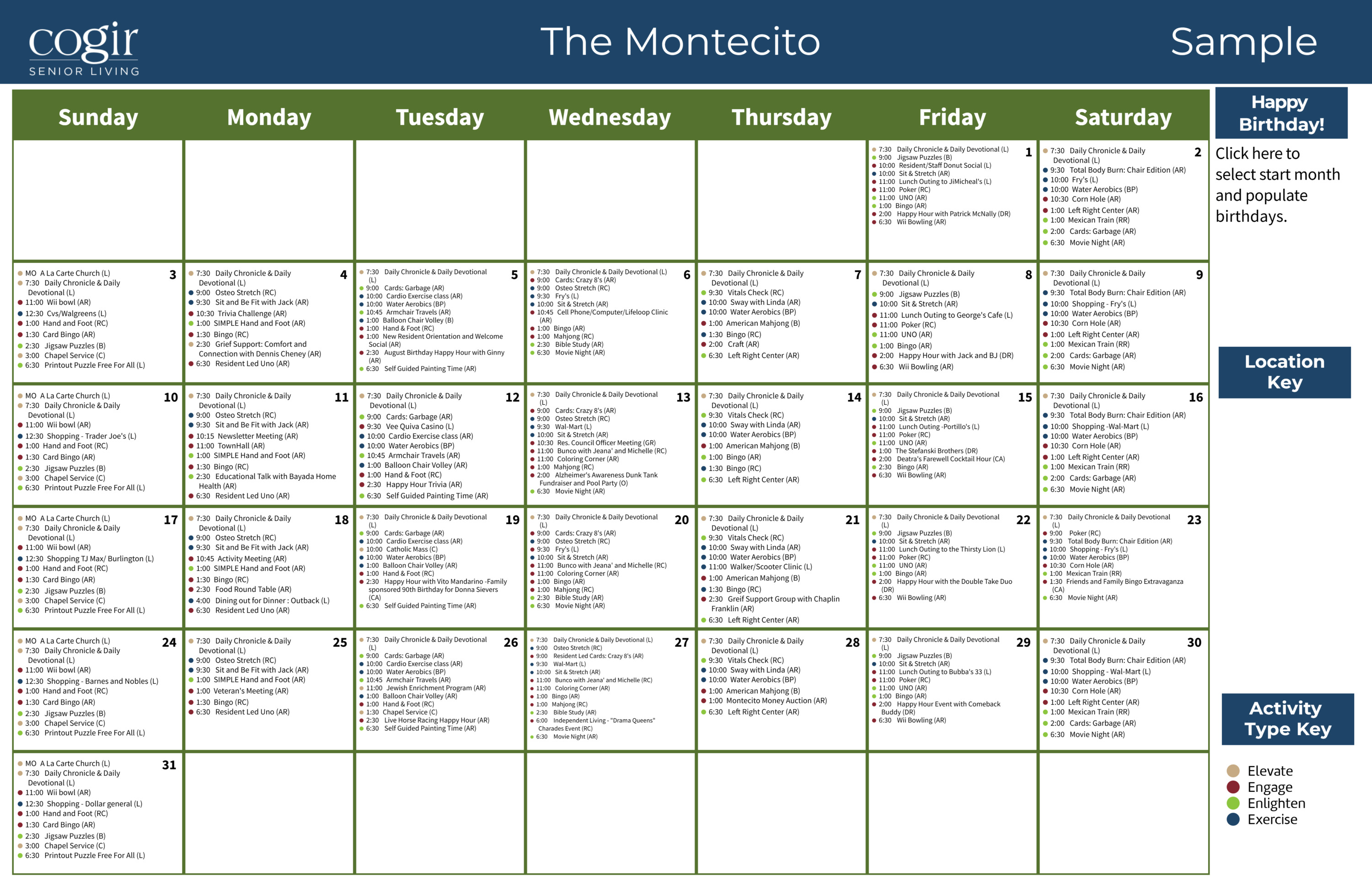 Weekly activity calendar showcasing diverse events fostering connection and well-being for residents.
