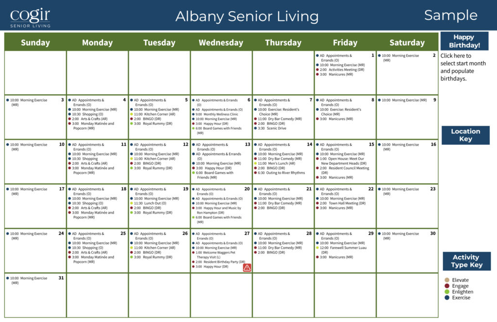 Monthly activity calendar showcasing diverse social and wellness events for engaged senior living.