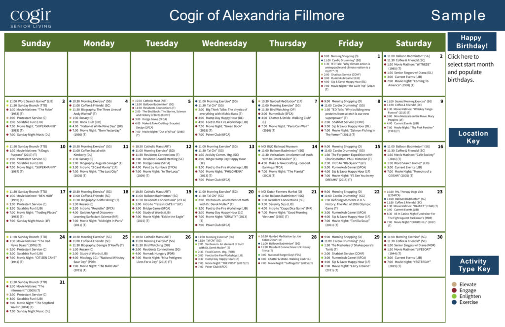 Weekly activity calendar showing diverse engaging events for a vibrant senior living community.